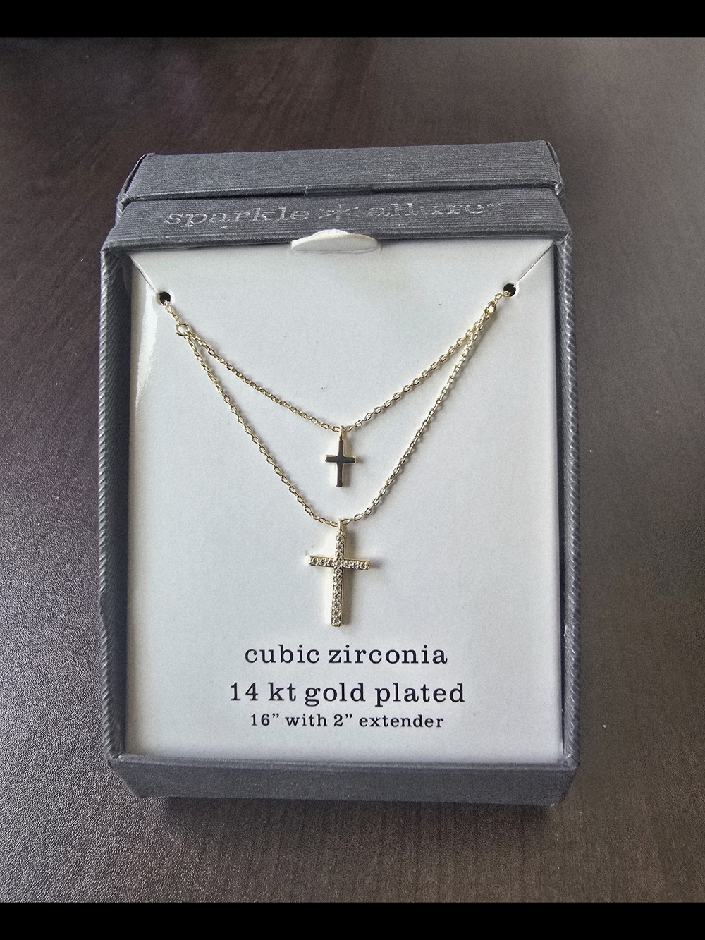 14kt Gold Plated Double Cross Layered Necklace with Cubic Zirconia